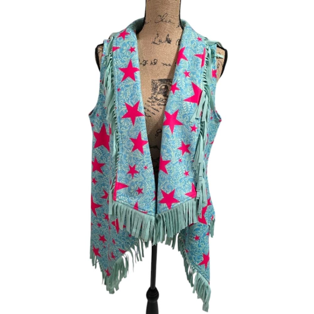 Fringe Vest Sleeveless Top Aqua Blue Pink Star Print Fun Western Cowgirl‎